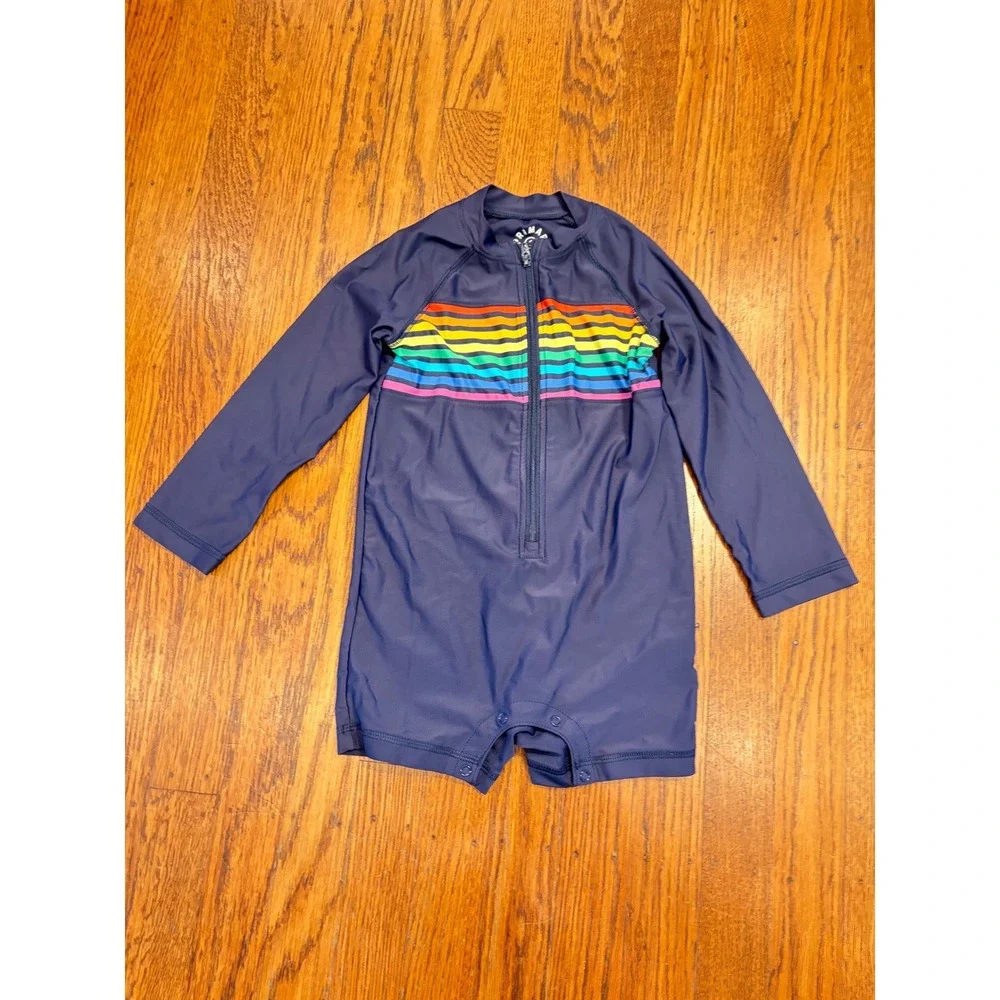 Primary Kids Rainbow Stripe Long Sleeve Rash Guard Romper Navy Blue Size 2